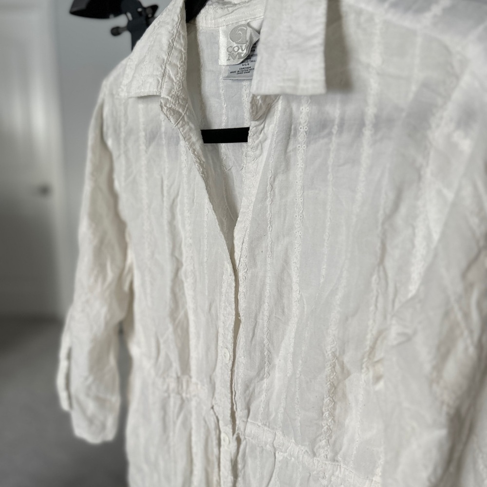 Chic White Button Down Shirt for Women Casual Costal Waist Tie - Picture 3 of 7